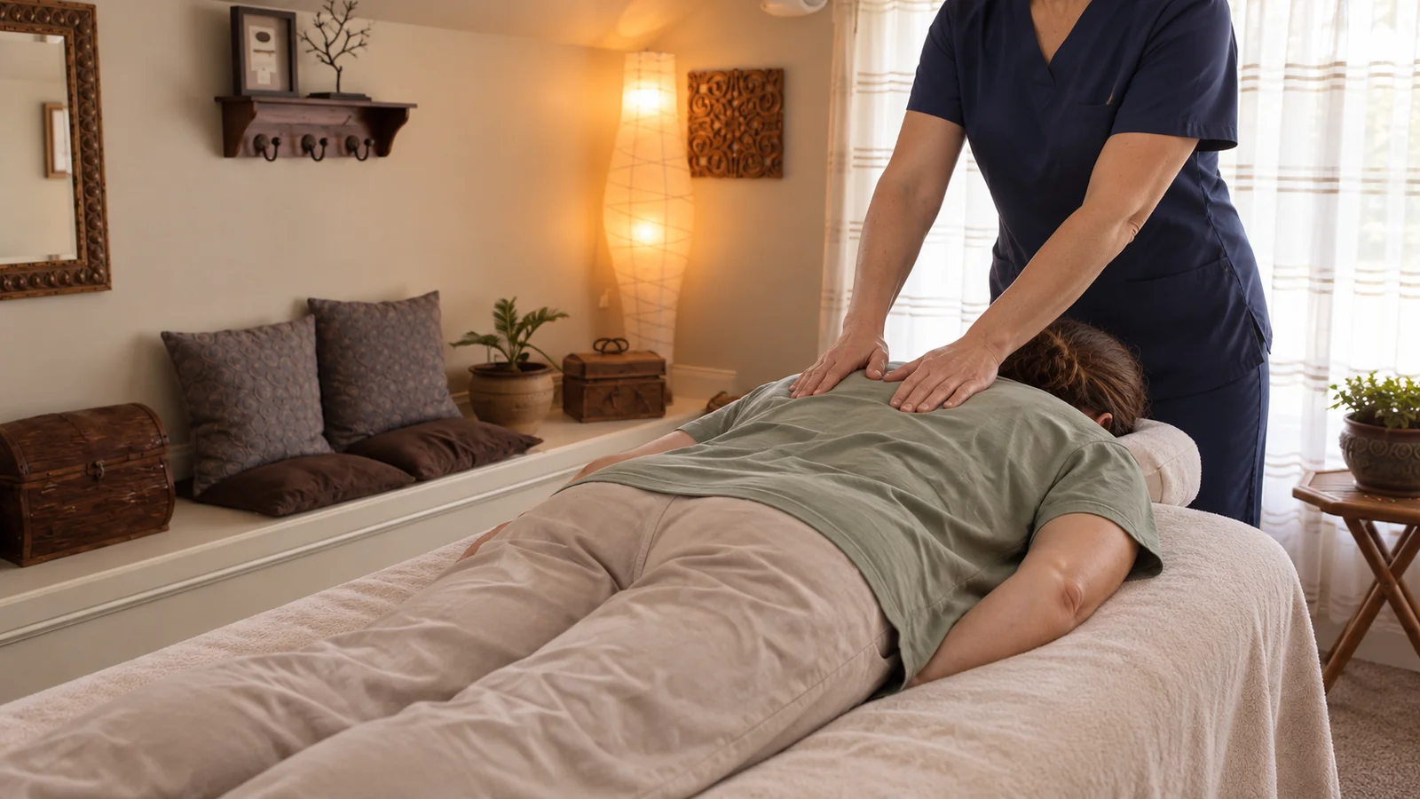 Studio-inspired illustration of a professional, fully clothed massage session in a warm, sunlit treatment room