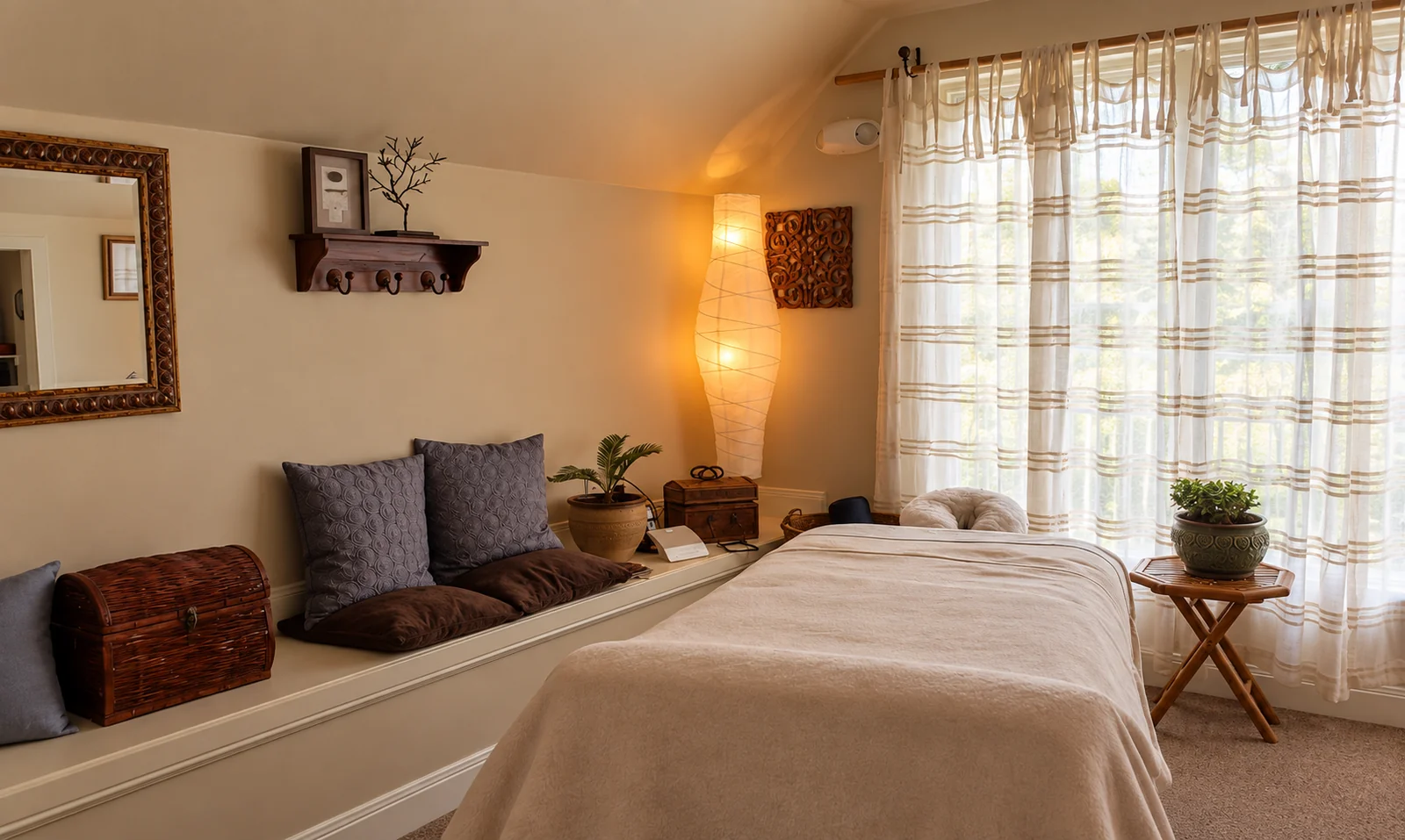 Pure Serenity’s treatment room, with soft curtains, warm lighting and a freshly prepared massage table